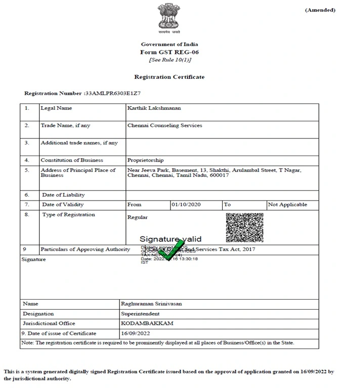 Chennai Counseling Registration Certificate-About us
